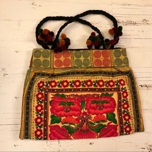 HOPE Floral embroidered tote w/pom-poms